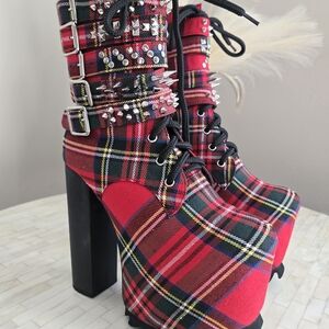 Current Mood Red Plaid Studded Platform Boots